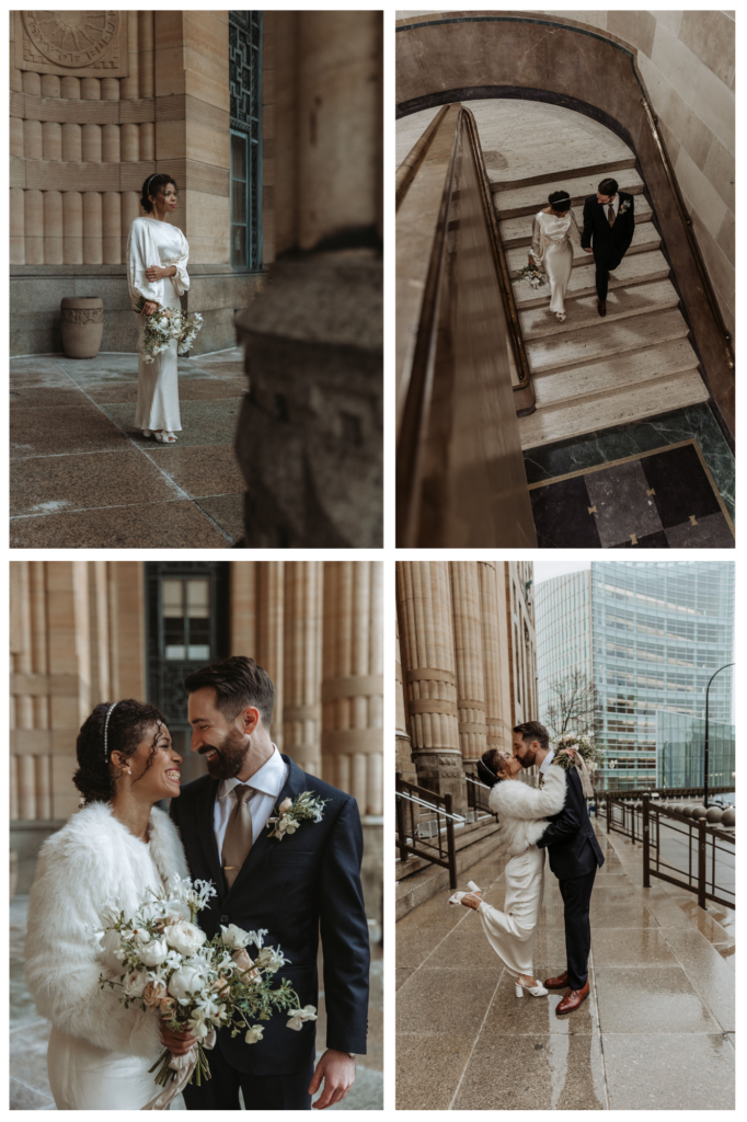 Images of a bride and groom at Buffalo City Hall after an intimate wedding ceremony photographed by Jessy Herman Photo
