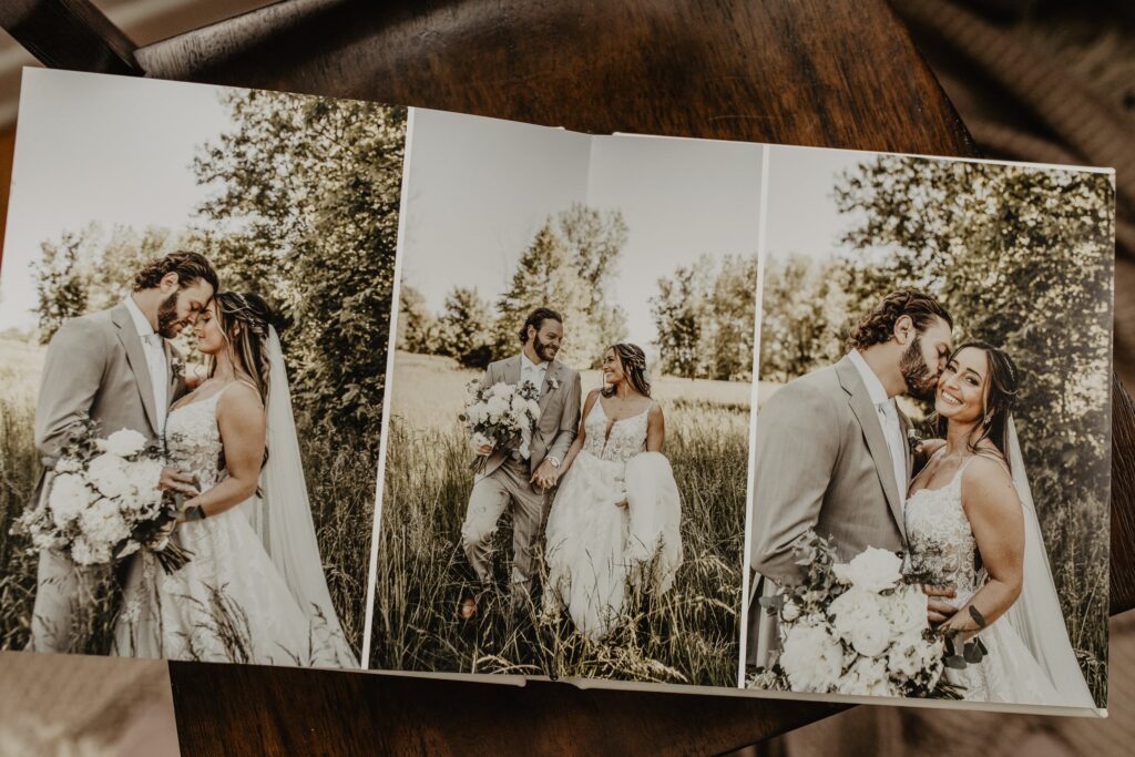 Open wedding album to show full page design of three wedding photos in the keepsake custom album